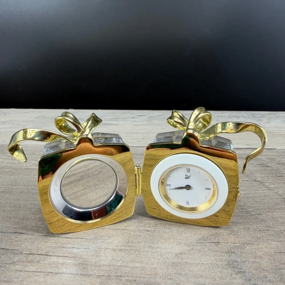 Swarovski Crystal‎ Secrets Gift Box Travel Clock Metal Gold Tone Bow AS IS